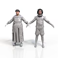 Two Standing Figures In Silver Historical Costumes With Ruffled Details And White Background