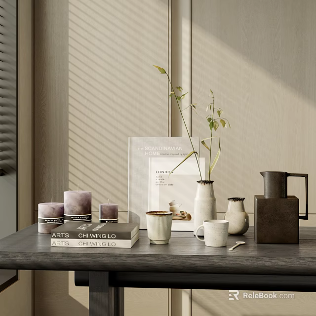 Minimalist Ceramic Tea Set On Wooden Table With Vase Plants Books And Candles 3d model 