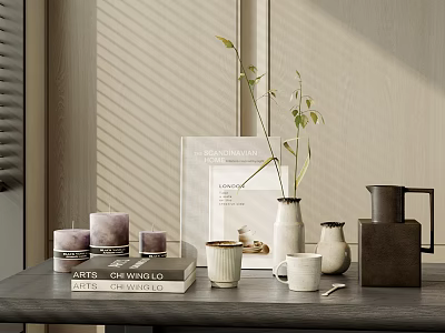 Minimalist Ceramic Tea Set On Wooden Table With Vase Plants Books And Candles 3d model
