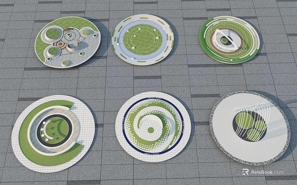 Various Circular Square Landscape Design Options with Green Areas and Path Patterns 3d model