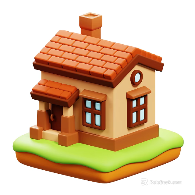 Cartoon Style Small House With Red Tiled Roof Brown Door And Green Grass Base 3d model 