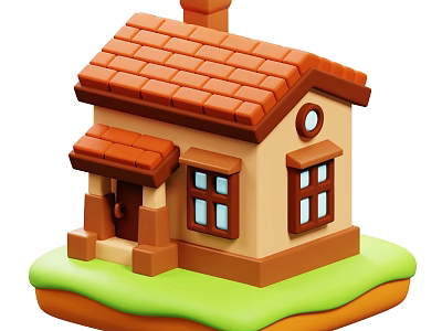 Cartoon Style Small House With Red Tiled Roof Brown Door And Green Grass Base 3d model