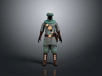 Hooded Man In Green Outfit With Belt Medallion Armor And Brown Boots 3d model