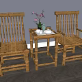Bamboo Table And Chair Set With Pink Flowers And Tea Cup On Gray Wall Background