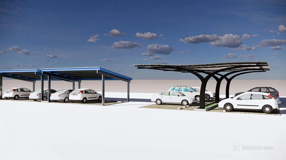 Outdoor Parking Lot With Blue Sky White Clouds And Carports For Parked Cars 3d model 