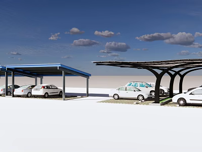 Outdoor Parking Lot With Blue Sky White Clouds And Carports For Parked Cars 3d model