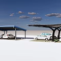 Outdoor Parking Lot With Blue Sky White Clouds And Carports For Parked Cars