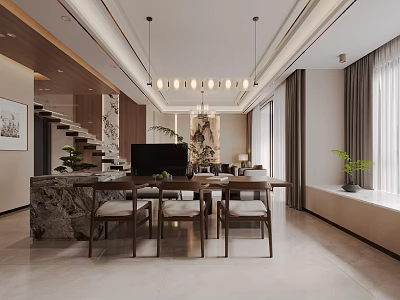 Modern Living and Dining Room Interior Design With Wooden Table Chairs And Pendant Lights 3d model