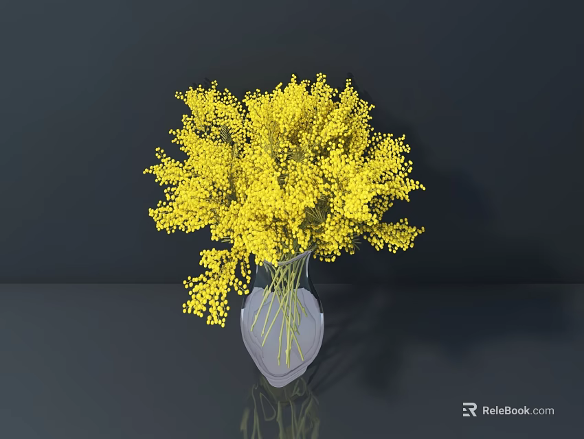 Transparent Glass Vase With Yellow Flower Bouquet On Smooth Surface Against Dark Background 3d model 