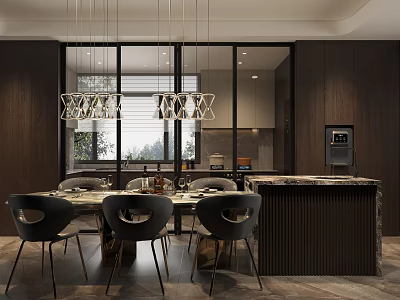 Modern Restaurant Interior With Dark Wood Dining Table Black Chairs Hanging Chandeliers And Bar Counter 3d model
