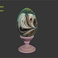 Decorated Chocolate Egg With Red And White Marble Pattern And Gold Sprinkles On Wooden Stand