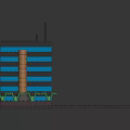 Cartoon Scene With Blue Multi Story Buildings Gray Roofs Orange Towers And Green Plants
