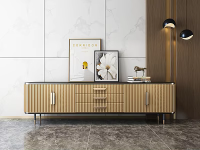 Modern TV Stand With Wooden Panels Metal Legs Storage Drawers And Decorative Artworks 3d model