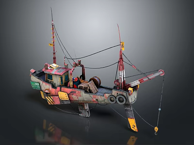 Colorful Vintage Fishing Boat Water Transport With Crane Ropes And Tires 3d model