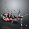 Colorful Vintage Fishing Boat Water Transport With Crane Ropes And Tires