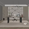 Modern Study Room Interior Design With Built in Bookshelves Desk Computer And Pendant Lights