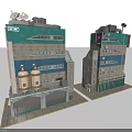 Cartoon Scene Of Multi Story Industrial Buildings With Green Gray Exteriors And Storage Tanks