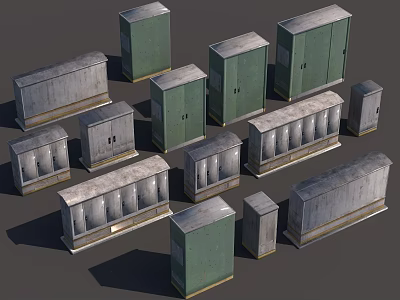Various Sizes Industrial Metal Electrical Cabinets In Green Gray With Doors And Vents 3d model