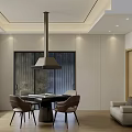 Modern Entertainment Room Interior With Round Dining Table Sofa Hanging Lamp And Light Walls