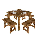 Rustic Wooden Square Dining Table Set With Benches And Four White Plates 3d model