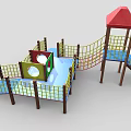 Colorful Outdoor Playground Equipment With Red Roof Slides Yellow Railings And Blue Platforms