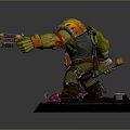 Fierce Green Orc Warrior with Colorful Armor Holding Mechanical Gun and Spiked Axe
