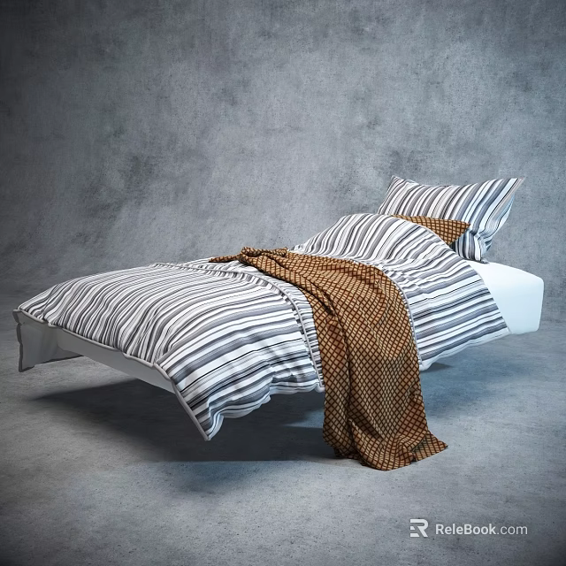 Double Bed Bedroom Interior With Striped Bed Sheets Pillows And Brown Checkered Blanket 3d model 