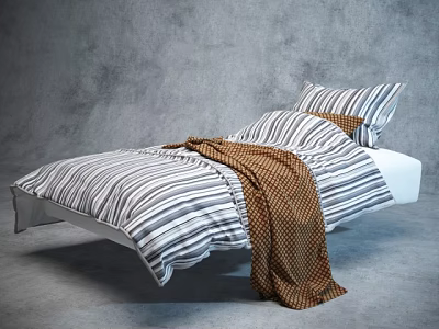 Double Bed Bedroom Interior With Striped Bed Sheets Pillows And Brown Checkered Blanket 3d model