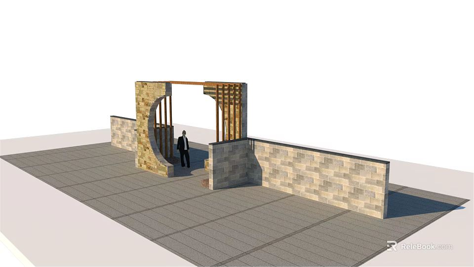 Modern Stone Entrance Gate With Wooden Overhead Structure And Stone Walls 3d model 