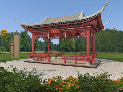 Traditional Chinese Garden Landscape With Red Pavilion Curved Roof Green Trees And Yellow Flowers 3d model