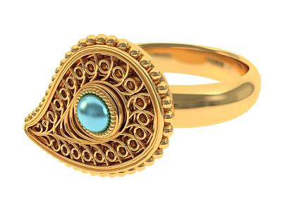 Elegant Gold Ring With Intricate Filigree Design And Blue Gemstone Center Decorative Details 3d model