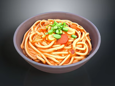 Bowl of Noodles with Red Sauce Chopped Green Onions Sliced Sausage and Garlic 3d model