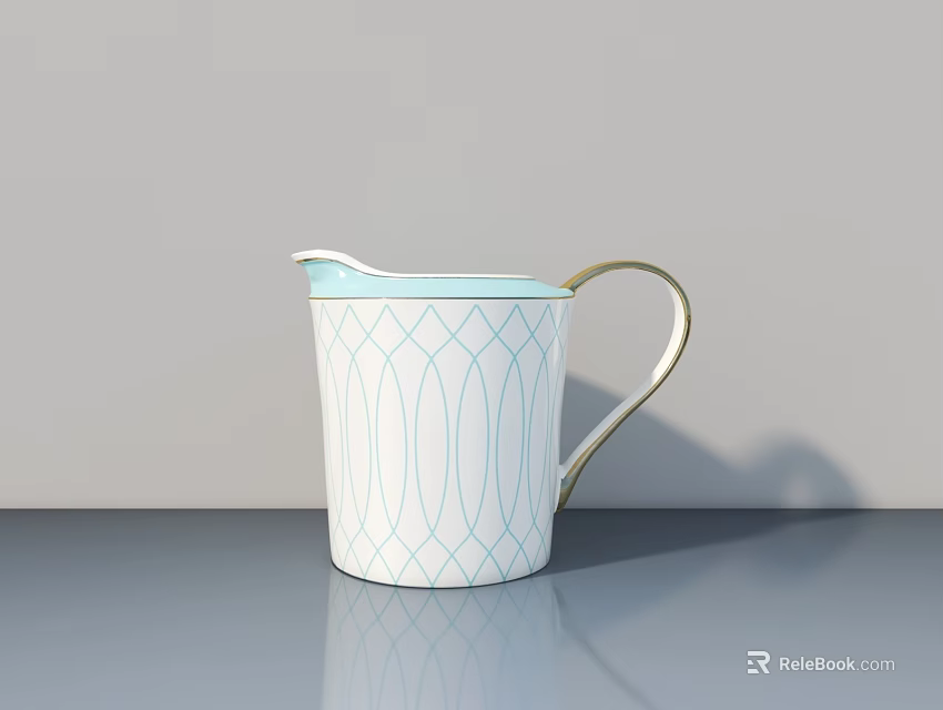 Stylish White Kettle With Blue Line Pattern And Golden Handle On Gray Tabletop 3d model