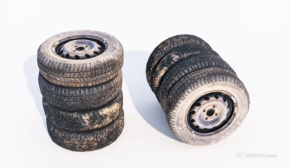 Old Stacked Vehicle Tires With Metal Rims And Worn Tread Patterns 3d model 