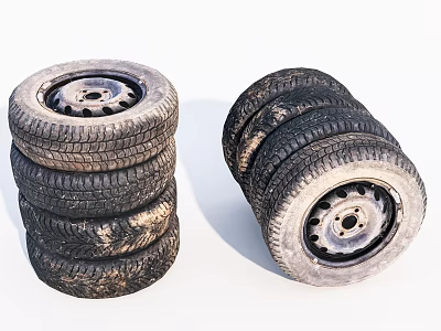 Old Stacked Vehicle Tires With Metal Rims And Worn Tread Patterns 3d model