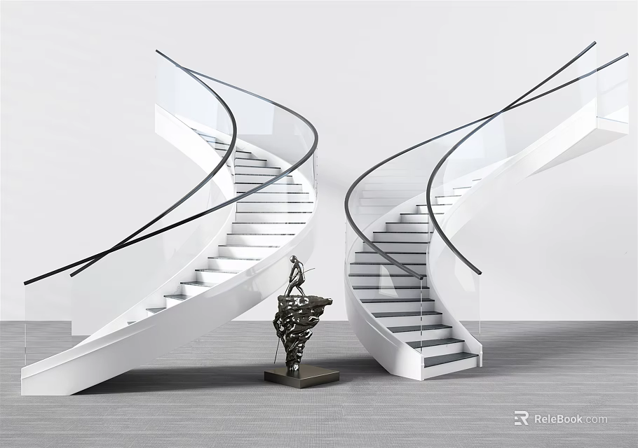 Contemporary Spiral Staircase With White Steps Glass And Black Metal Railings And Sculpture In Modern Interior 3d model 