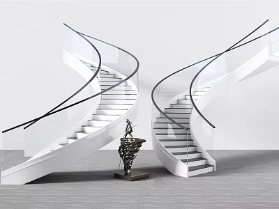 Contemporary Spiral Staircase With White Steps Glass And Black Metal Railings And Sculpture In Modern Interior 3d model