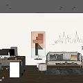 Modern Office Interior Design With Work Desk Sofa Wall Art And Large Windows 3d model