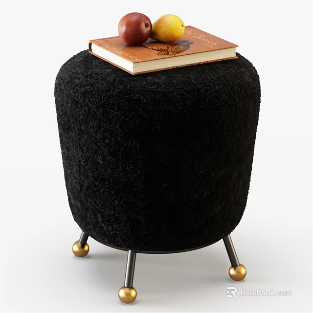 Black Plush Sofa Stool With Metal Legs And Gold Spherical Feet Topped With Book 3d model 