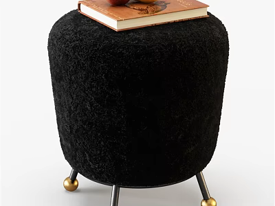 Black Plush Sofa Stool With Metal Legs And Gold Spherical Feet Topped With Book 3d model
