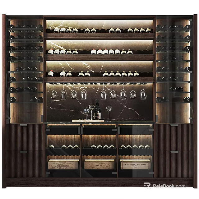 Elegant Modern Wine Cabinet Design With Multiple Shelves Hanging Bottles And LED Lighting 3d model 
