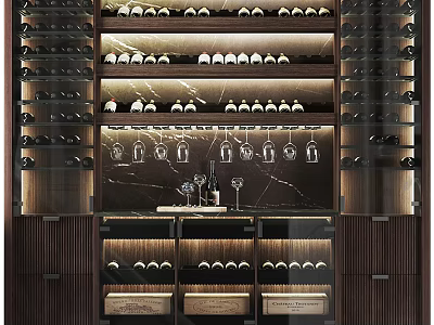 Elegant Modern Wine Cabinet Design With Multiple Shelves Hanging Bottles And LED Lighting 3d model
