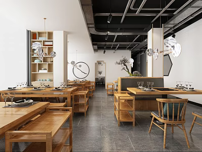 Modern Minimalist Hotpot Restaurant Interior Design With Wooden Tables Chairs Pendant Lights And Neat Layout 3d model