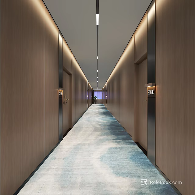 Modern Hotel Corridor with Long Wooden Walls Blue Carpet Lighting and Room Numbers 3d model 