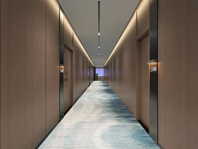 Modern Hotel Corridor with Long Wooden Walls Blue Carpet Lighting and Room Numbers 3d model