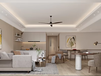 Modern Living And Dining Room Interior With Sofa Coffee Table Dining Chairs Ceiling Fan And Artwork 3d model