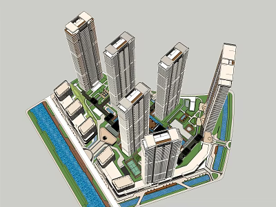 Modern High Rise Residential Complex Aerial View With Green Areas And Water Features 3d model