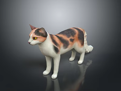 Calico Cat with Yellow Eyes in Standing Pose Against Dark Background Showing Smooth Fur 3d model