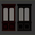Classic Dark Wooden Display Cabinets With Glass Doors And Decorative Trim Details