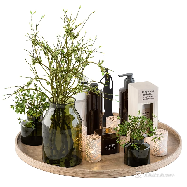 Decorative Daily Cleaning Supplies On Wooden Tray With Green Plants And Glass Vase 3d model 